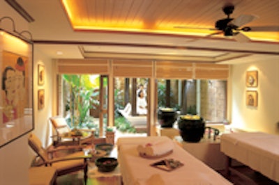 Guests of the Bangkok Marriott Resort & Spa's Mandara Spa in Thailand are well taken carre of with foot baths and couples treatment options, and can immerse themselves in the exotic nature of the country with Thai massages performed in a lush outdoor setting.