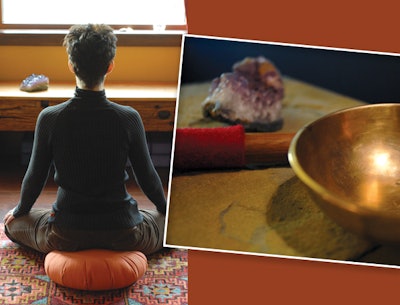 woman meditating; singing bowl