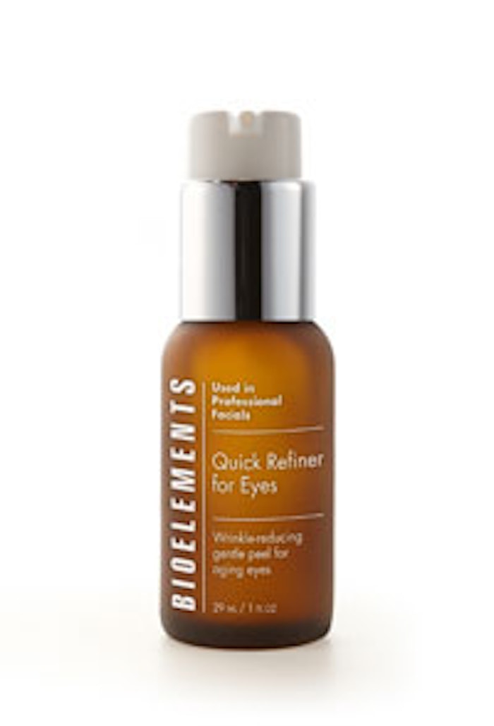 Bioelements new Quick Refiner for Eyes simultaneously removes dead and dulling skin cells, speeding up cell turnover as it hydrates, soothes, strengthens and protects.