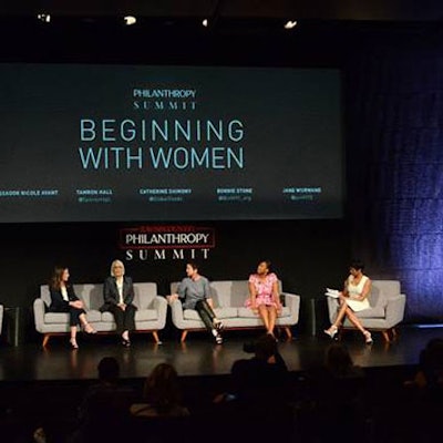 Jane Wurwand, Founder and Chief Visionary, Dermalogica and FITE, (center) joined fellow panelists Catherine Shimony, Global Goods Partners (far left); Bonnie Stone, Women in Need (left); and Ambassador, Nicole Avant (right) on a panel discussing the issues surrounding women’s empowerment, moderated by MSNBC news anchor, Tamron Hall.