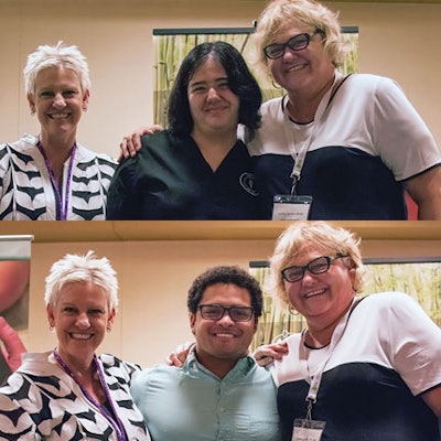 Top: Left to right: Vice President, Industry Relations and Product Development for Massage Envy Spa Franchising CG Funk; grant recipient Monica Flores; and Vice President of Massage Therapy and Spa Lynda Solien-Wolfe; Bottom: Left to right: Vice President, Industry Relations and Product Development for Massage Envy Spa Franchising CG Funk; grant recipient Caydin Vaughn; and Vice President of Massage Therapy and Spa Lynda Solien-Wolfe