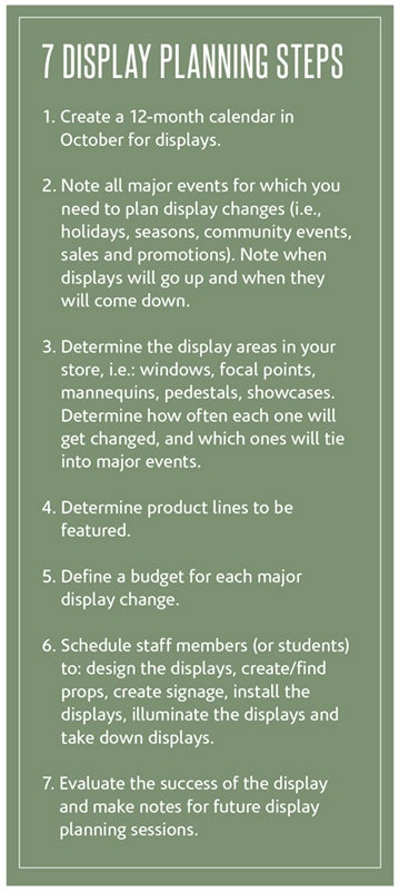 Consider price. Don’t forget the importance of price points when it comes to display. Consumers need elbow room when shopping for high-end products. This means providing more negative space around the product, allowing a single item to take center stage in a display. The lower the price point, the higher the volume of products in the display. When selecting props to accompany the display, be sure the quality of the prop is consistent with the price point. Never use cheap hand-me-down props to display luxury items.