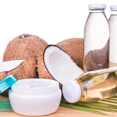 Cold pressed extra virgin coconut oil in bottles and jar