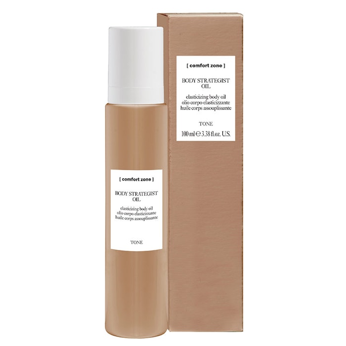 Body Strategist Oil Comfort Zone 212-924-2470 www.comfortzone.it Body Strategist Oil contains organic tamanu oil, sweet almond oil, centella asiatica and vitamin E to aid areas affected by loss in elasticity and skin in need of intense hydration.