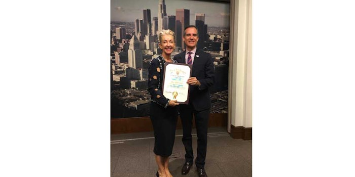 Jane Wurwand, co-founder of Dermalogica and Mayor Eric Garcetti