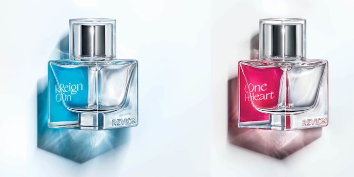 The bottles show the name and color through geometric, transparent glass designs.