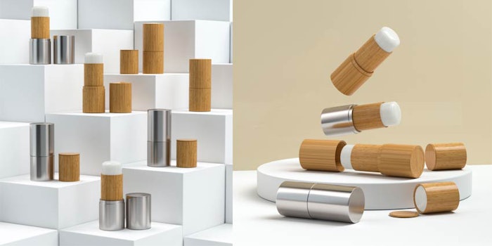 The 100% bamboo deodorant stick pack comes in a refillable cartridge inside a bamboo base.