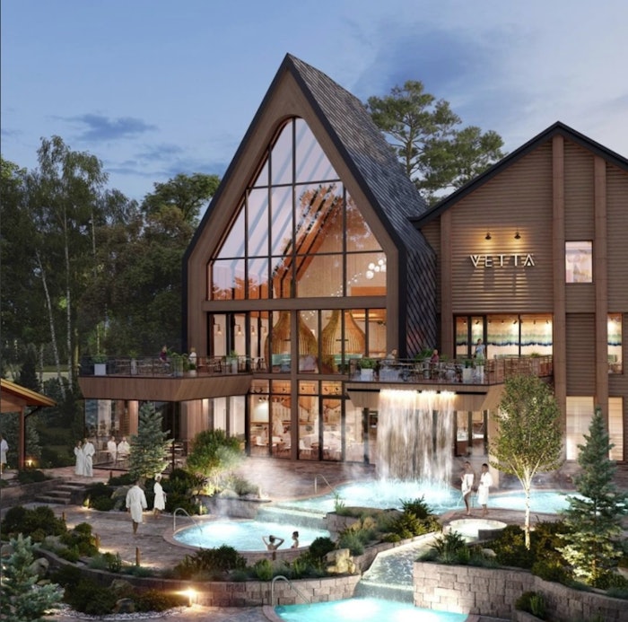 The spa includes outdoor warm and cold plunge pools for hydrotherapy, massage rooms, steam rooms, saunas and relaxation areas, eateries and patios, per an article from Storeys.