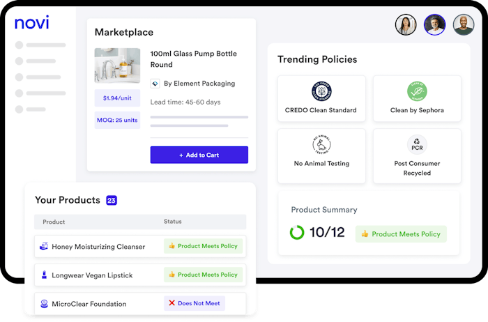 The Ingredient Screener is a tool that allows brands to search Novi’s vetted database of ingredients and see how they compare against over 100 sustainability claims and standards such as EWG-verified, vegan and Clean at Sephora.