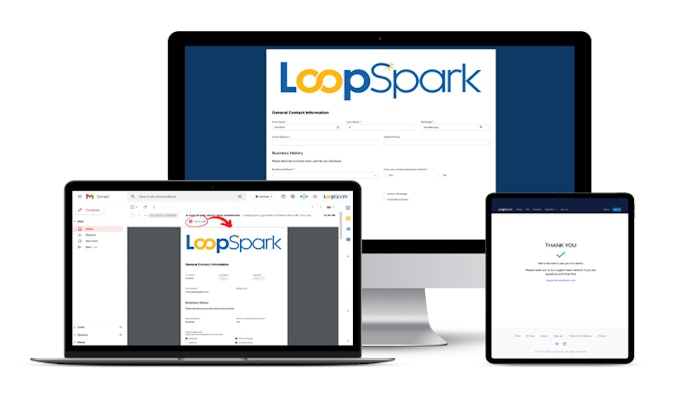 LoopSpark digital CRM platform on a laptop, desktop and tablet