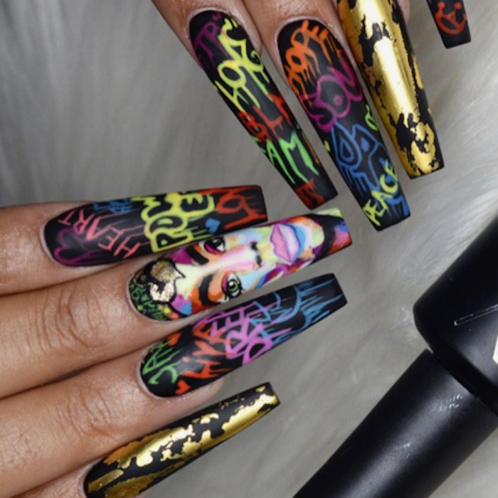 A graffiti-inspired nail set from Hispanic American nail artist Jose Cordova