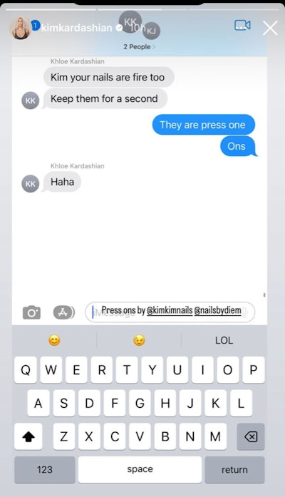 Khloe Kardashian praises her sister, Kim's, nails in a text the latter shared on Instagram