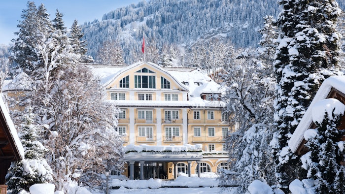 The exterior of Le Grand Bellevue in the Swiss Alps.