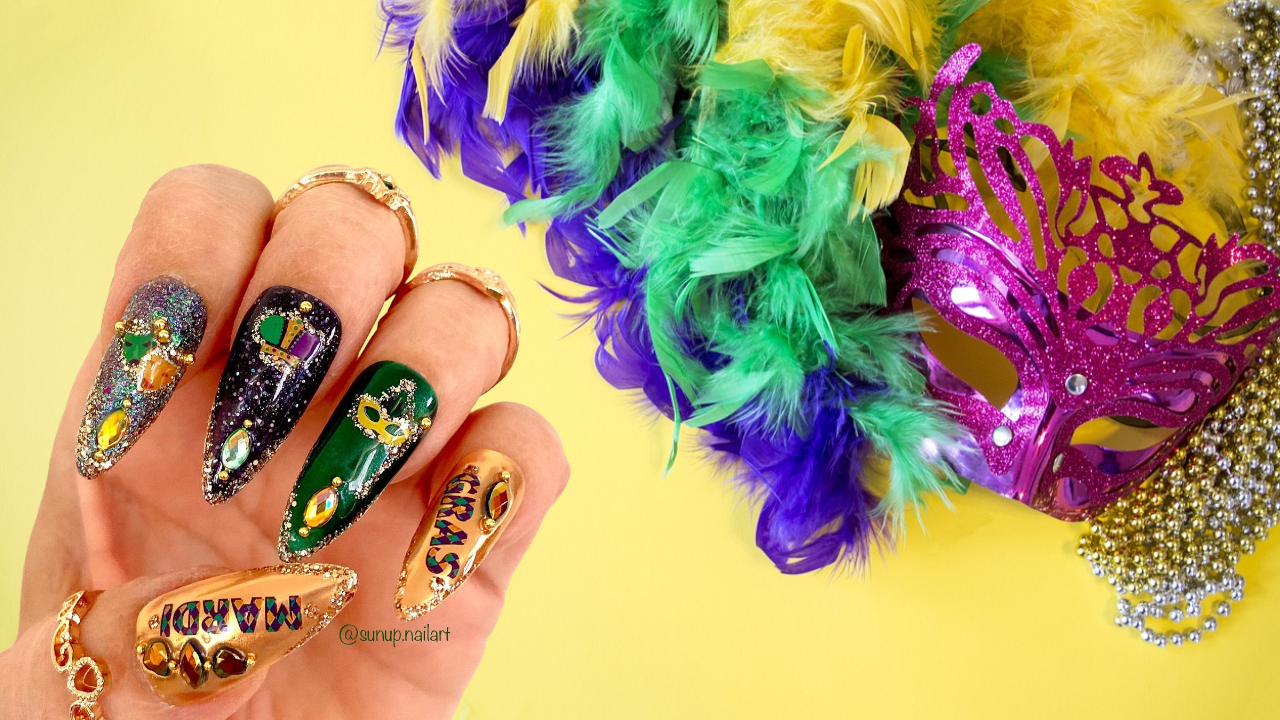 Nailpro shares Mardi Gras nail inspo.