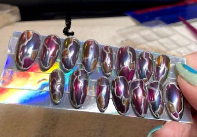 Stained glass press-on nails created by Vanessa Sanchez McCullough for Jennifer Coolidge.