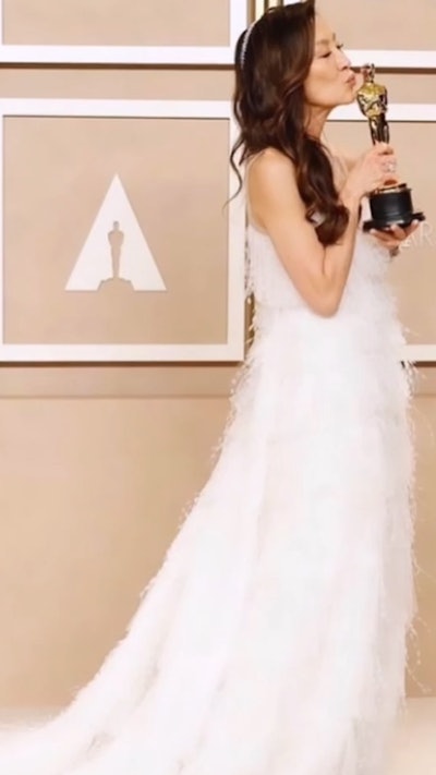 Mara Roszak used products from FEKKAI to create Michelle Yeoh's Academy Awards hair look.