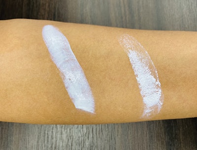 In a mineral sunscreen, FARMAL AF 1100 (left) improved emulsion stability while the control (right) exhibits syneresis.