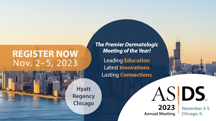 The American Society for Dermatologic Society (ASDS) has opened registration for the 2023 ASDS Annual Meeting, taking place November 2 to November 5 at the Hyatt Regency Chicago.