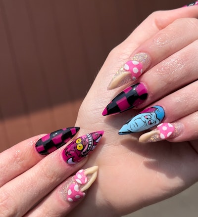 Alice in Wonderland nail art featuring the Cheshire Cat, the Caterpillar and 3D mushrooms by @blasian_nails