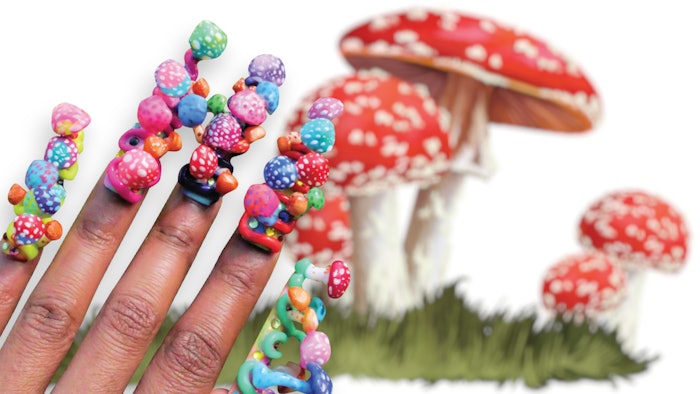 Nail artist Asia Bloodworth shares how to create colorful mushroom nail art using 2D and 3D nail gel.