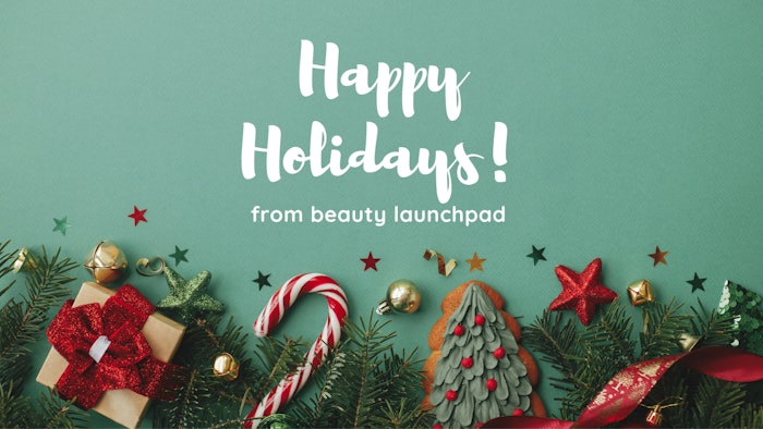 Holiday graphic that features pine needles, presents, stars, candy canes, ribbon, a present and a frosted Christmas tree cookie along the bottom border. The text reads 'Happy Holidays! from beauty launchpad'