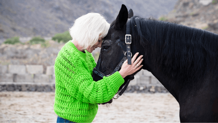 Horse therapy concept with beautiful blonde woman