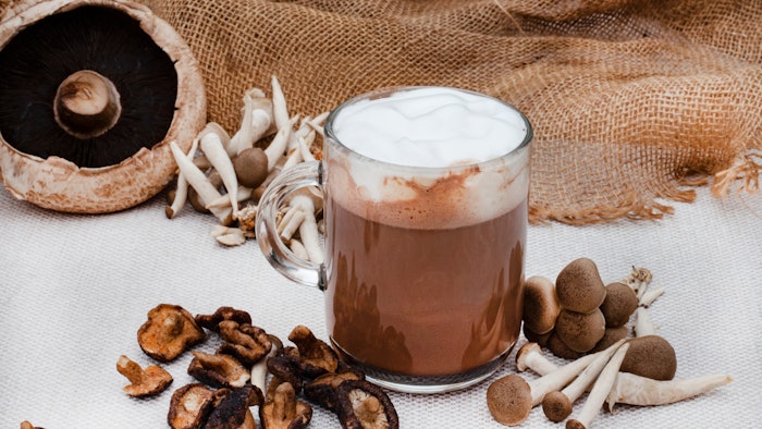 mushroom latte in glass mug surrounded with various mushrooms on rustic surface