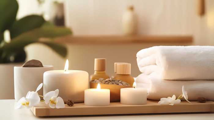 Spa accessory composition set in day spa hotel, beauty wellness center.
