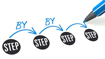 STEP BY STEP concept with pen and arrows pointing to steps