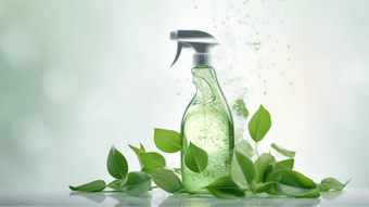 An eco friendly cleaning concept showcasing a spray bottle filled with cleaning solution placed on a light background, accompanied by flying green leaves. Symbolizing environmentally conscious