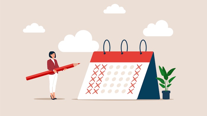 Businesswoman put holiday on calendar to make company 4 day work week. Reduce working day to increase efficiency and productivity, flexible work day for employee benefit. Flat vector illustration.