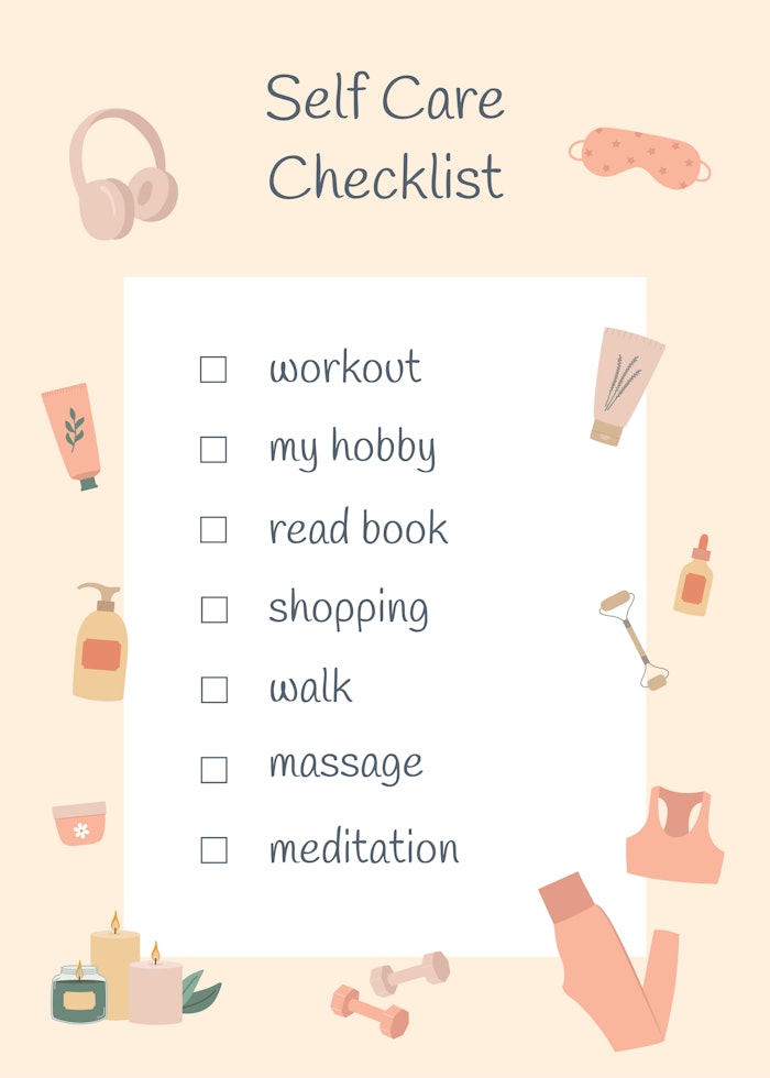 Self care checklist. Healthy habits for wellbeing. Body positive, mental health, self care, love yourself concept