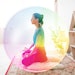 mindfulness, spirituality and healthy lifestyle concept - woman meditating in lotus pose at yoga studio over rainbow aura