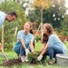 Volunteering. Young people volunteers outdoors planting trees digging ground talking cheerful