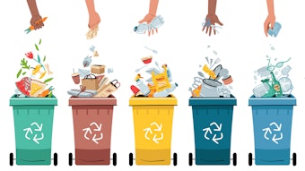 Garbage segregation. Waste separate, classification and recycling concept. Colored dustbin or trash cans for each type - organic, metal, paper, plastic, glass, e-waste and other.