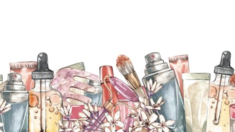 Seamless border face massager gua sha, oil, cream skincare, brush isolated on white. Watercolor hand drawn illustration