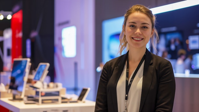 A young woman smiling at the camera at a trade show