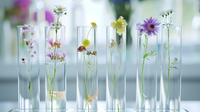 Test tubes with flowers in the laboratory. Concept of floratherapy, Bach flowers and alternative medicine
