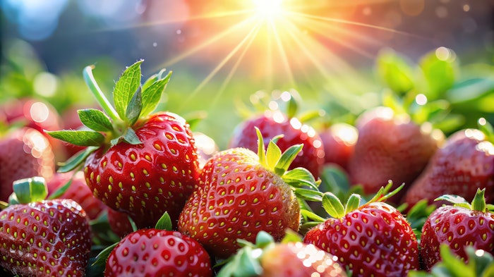 strawberries, dew drops, sunlight, sparkle, vibrant, red, juicy, fruit