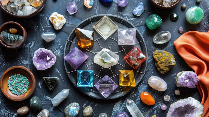 Licensed Save to Library Preview Crop Find Similar File #: 876790819 Various crystals and gemstones arranged on a dark geometric mat with additional stones and bowls. Metaphysical, holistic healing, energy work, spiritual practice, gemstone collecting, aesthetic decor.