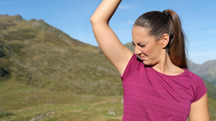 Woman Nose Scrunched Stinky Armpit Standing Outdoors Adobe Stock 459424833