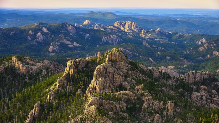 Aerial view of the Black Hills, South Dakota at golden sunset