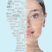 Beauty woman face with word on face showing cosmetology and aesthetic medicine concept. Advertising lifting face skin, on blue background