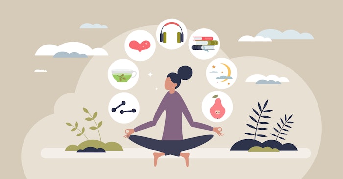Self care and things for personal wellness and harmony tiny person concept. Do active exercises, hydration, quality sleep and healthy eating vector illustration. Relaxation for positive woman life.