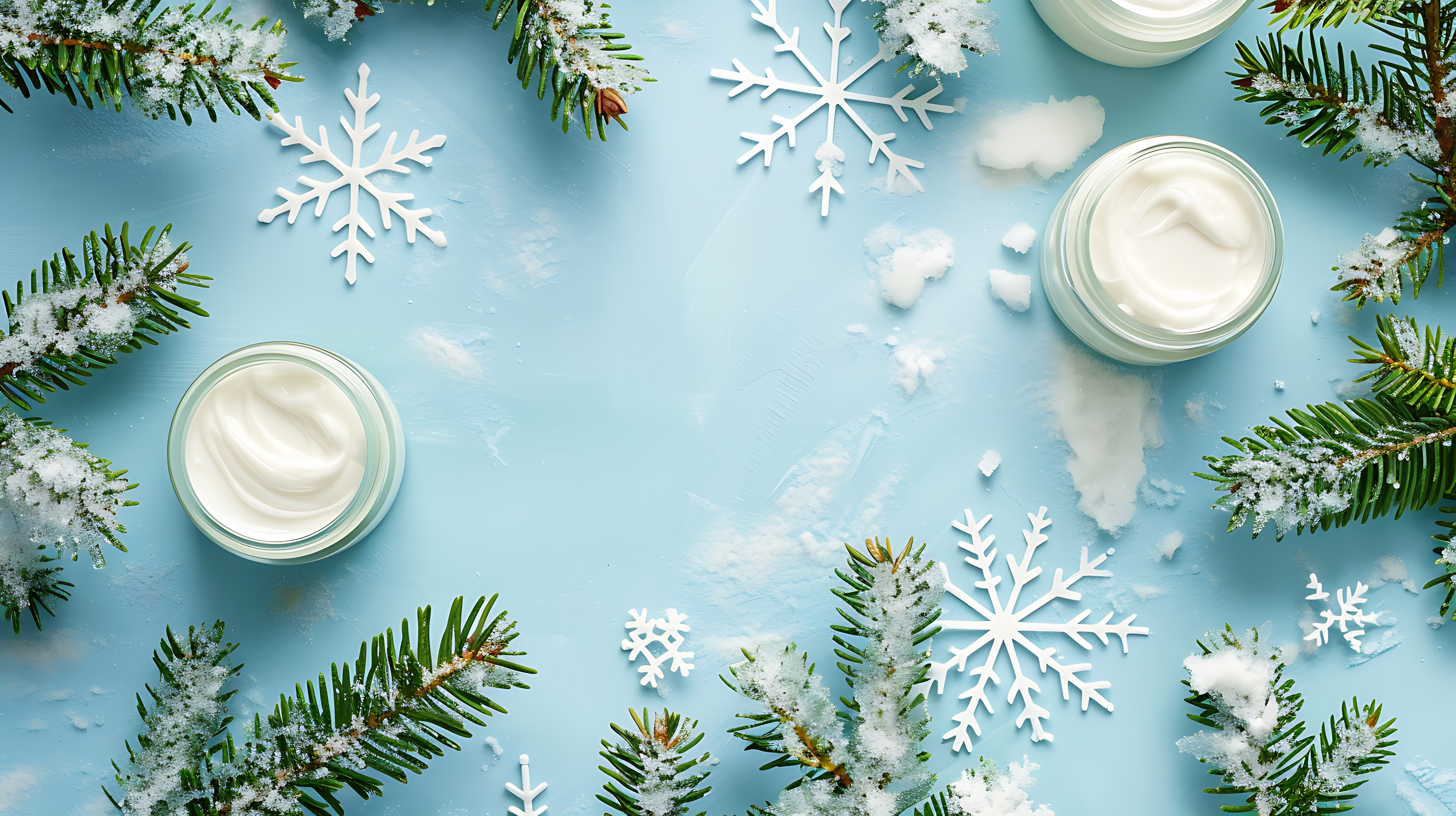 Winter Skin Care products fir branches and snowflakes on blue background