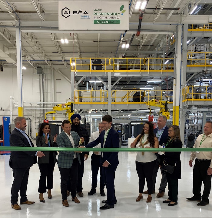 A view of the new production inauguration: Albea's Bruno de Carvalho and Jerzy Debski with Brampton mayor Patrick Brown; Riva Walia, director French consul of Canada; and Brampton council officials and select Albéa customers.