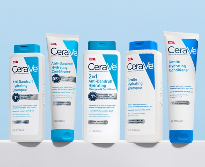 New hair care line from CeraVe including shampoo and conditioner for dandruff and hydration.