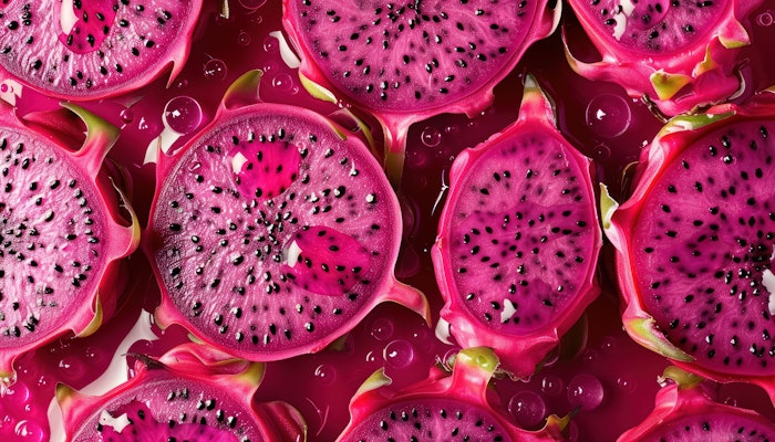 vivid pink dragonfruit slices with seeds background, top view
