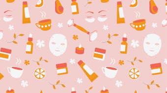 Home spa and wellness seamless pattern on light pink background. Orange red design for beauty salon wallpaper, relaxation brochure, self-care products packaging. Therapy and skincare concept.