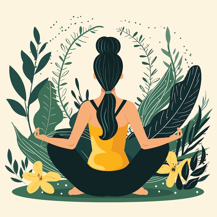 Woman practices yoga surrounded plants flowers. Female lotus position meditating nature, tranquility concept. Calm yoga session peaceful green setting, wellness mindfulness focus